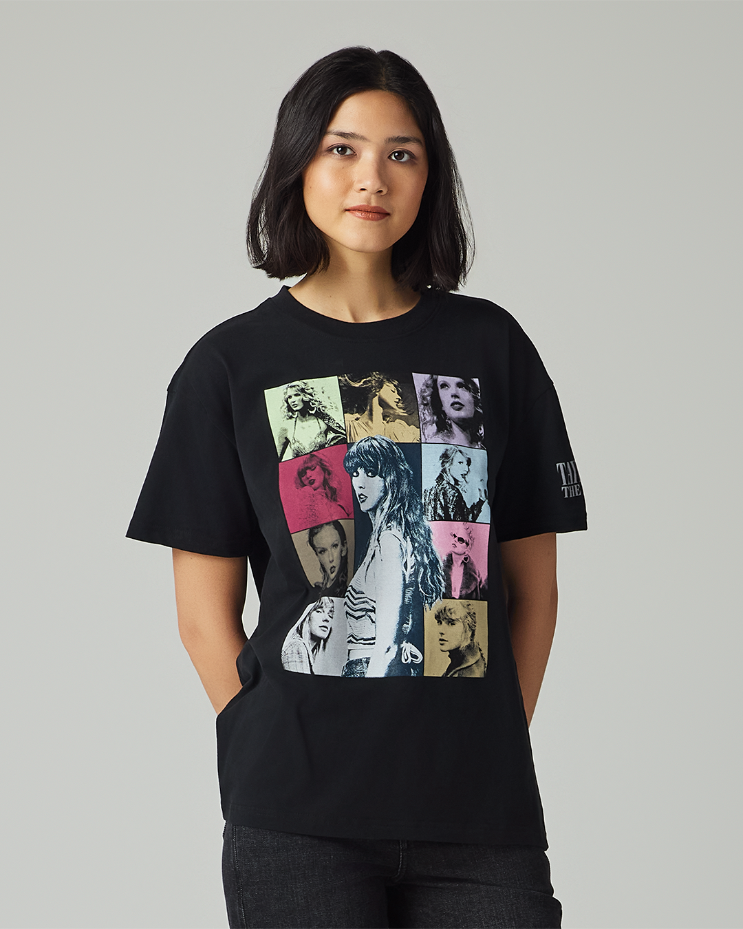 Taylor Swift | The Eras Tour Through LA Black T-Shirt S model close up front